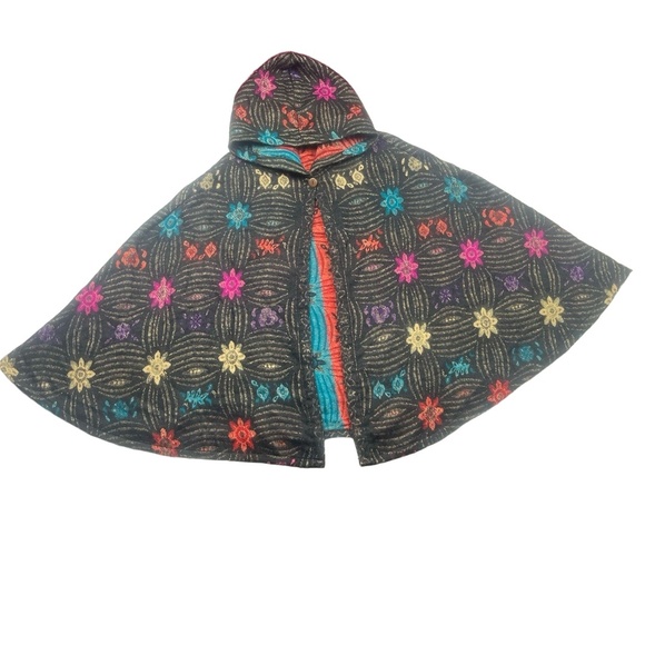 The Pyramid Collection Jackets & Blazers - Pyramid Collection Hooded Cape Size OS MSY Black Multi Boho Embroidered Ethnic